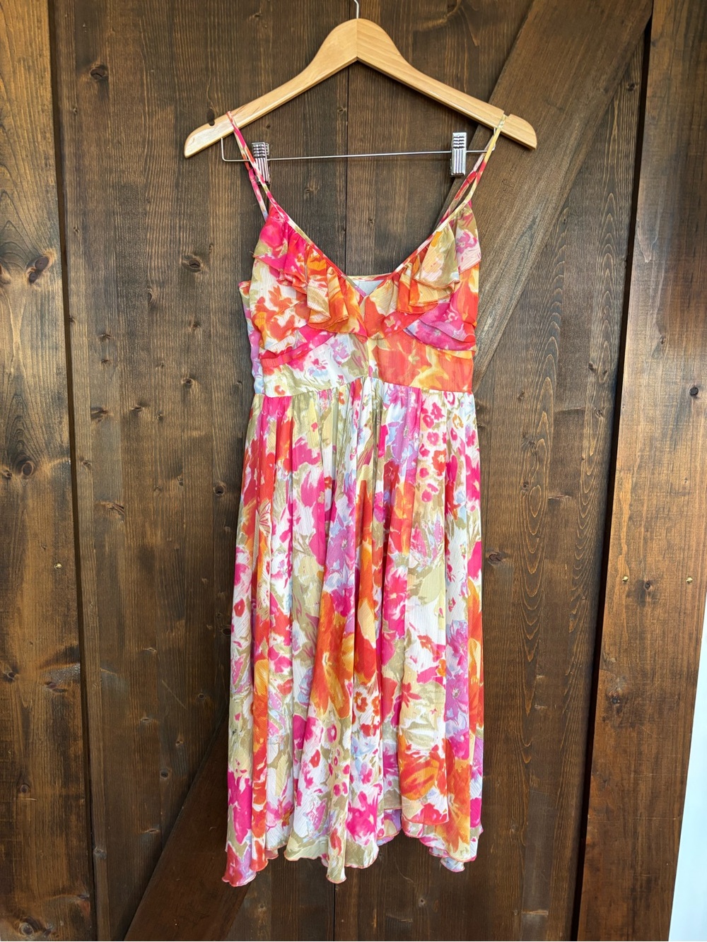 Suzy Shier Floral Chiffon Ruffle Midi Dress